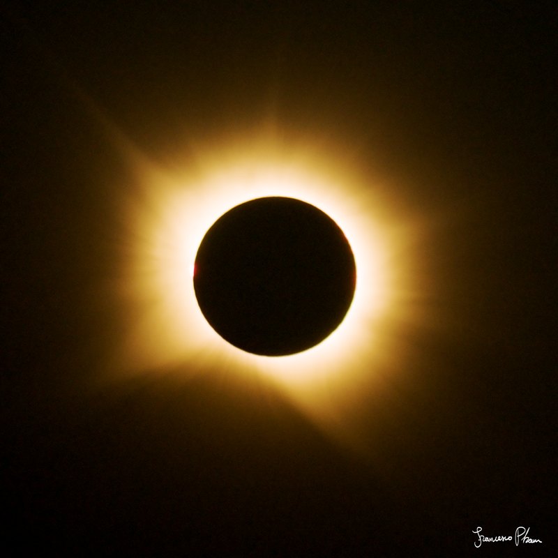 The Moon's black disc surrounded by the glowing white-gold corona during totality
