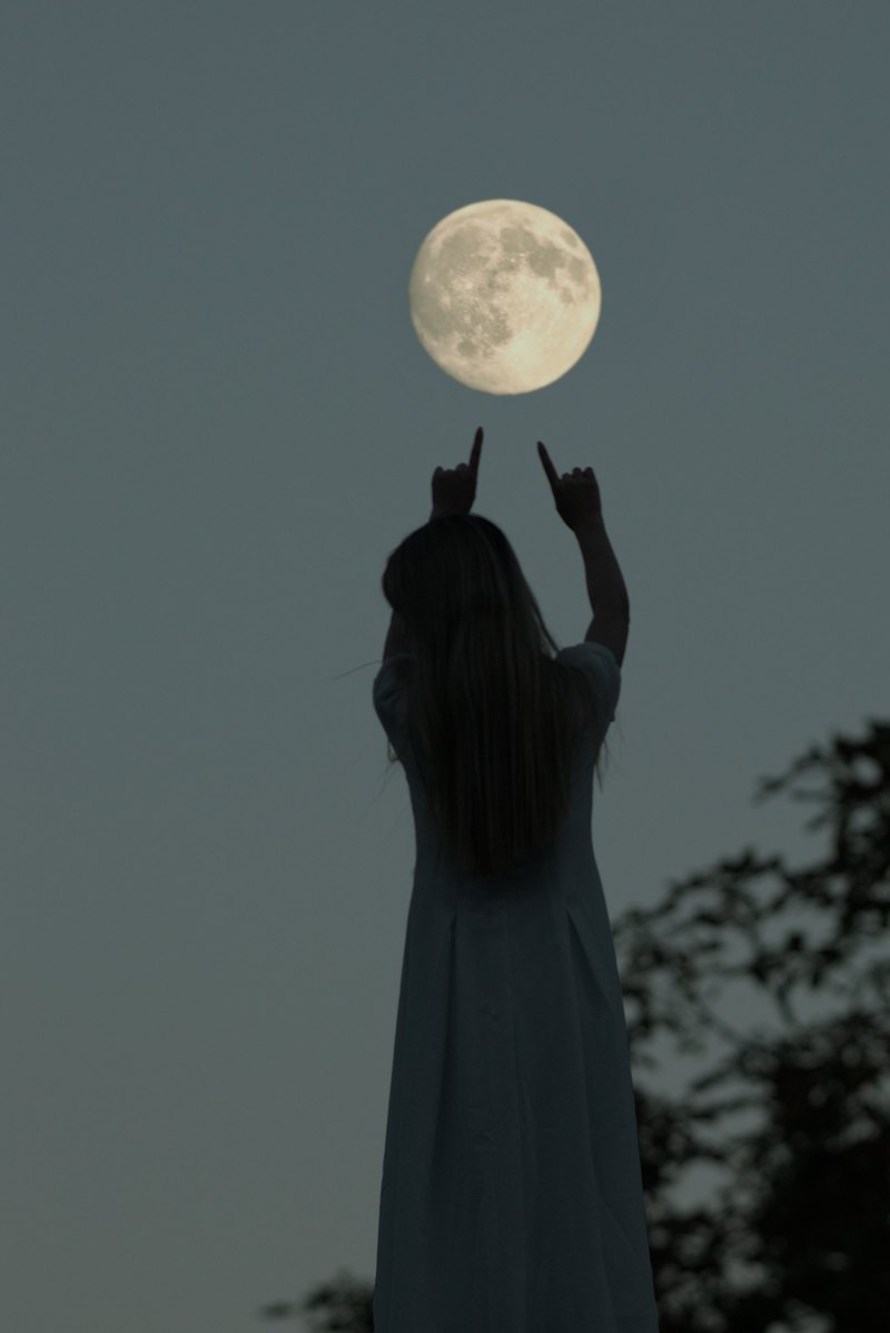 Silhouette of a person with long hair, seen from behind, pointing up at a nearly full Moon in a blue-grey evening sky